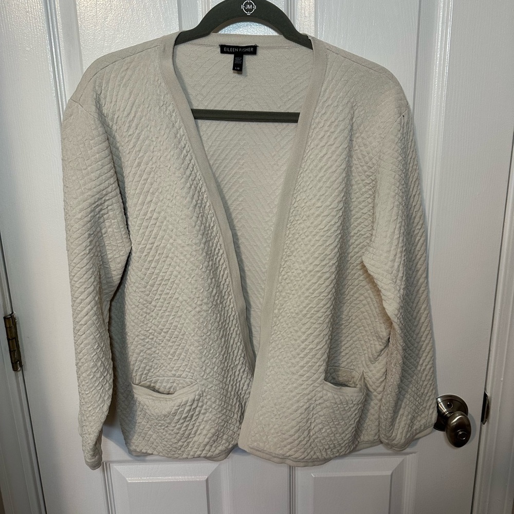 Eileen Fisher Womens L Quilted Cardigan Silk Organic Cotton Normcore Staple Luxe